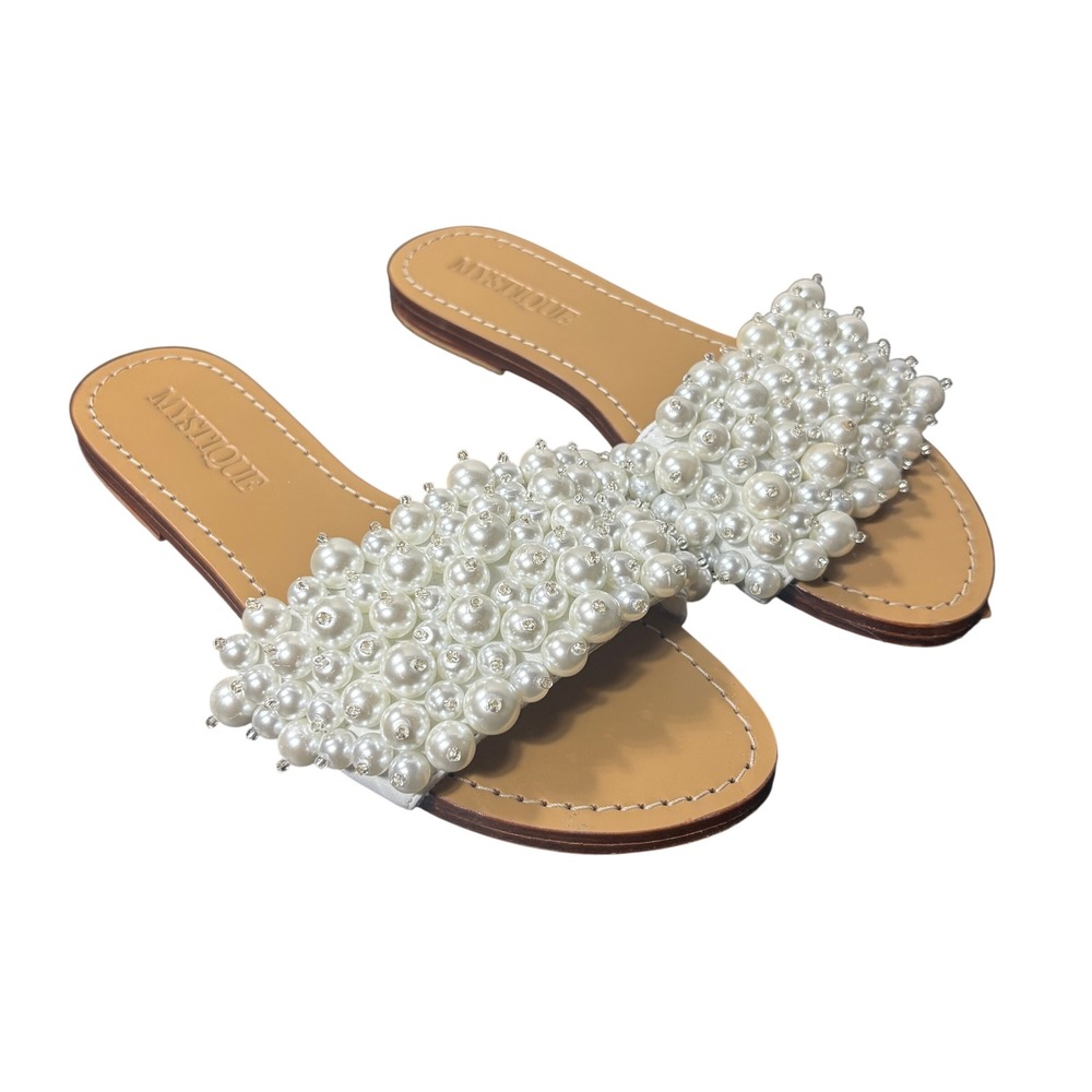 Mystique Tan Faux Pearl Embellished Leather Slide Bridal Flat Sandals Womens 10